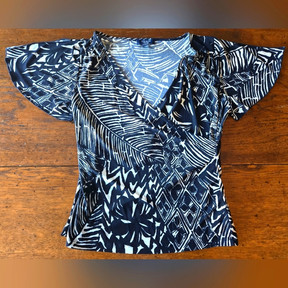Shirt Chaps Womens V-Neck Patterned Navy and White PLarge Top